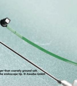 The new microcamera is no bigger than coarsely ground salt. Therefore, it fits perfectly into the endoscope tip. Awaiba GmbH. Fraunhofer IZM