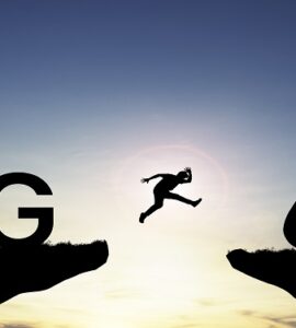 Technology transformation change from 5G to 6G , Silhouette businessman jumping from 5G cliff to 6G cliff on blue sky.