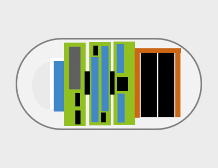 Schematischer Aufbau einer Pille mit gestapelten PCBs mit eingebetteten Bauteilen. | © Fraunhofer IZM
